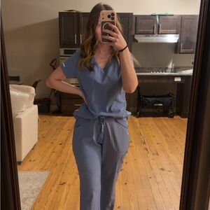Women's Blue V-Neck Scrub Jumpsuit with Drawstring Waist